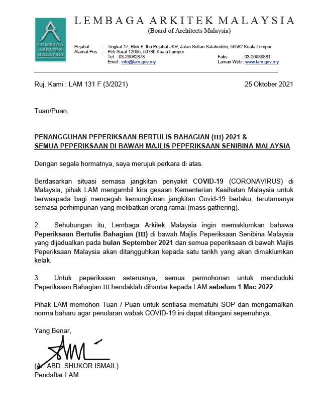 Penangguhan Peperiksaan Bertulis Bahagian Iii 2021 Semua Peperiksaan Di Bawah Majlis Peperiksaan Senibina Malaysia Lembaga Arkitek Malaysia