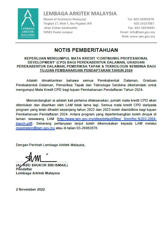 Notis Pemberitahuan CPD Bagi Perekabentuk Dalaman, Graduan Perekabentuk Dalaman, Pemeriksa Tapak & Teknologis Senibina