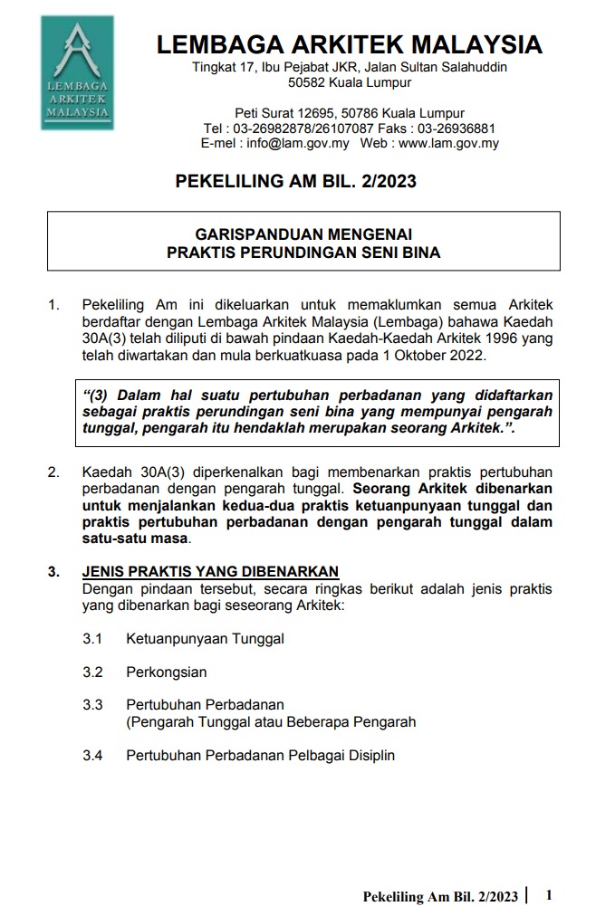 PEKELILING AM BIL.2/2023-GARISPANDUAN MENGENAI PRAKTIS PERUNDINGAN SENI BINA