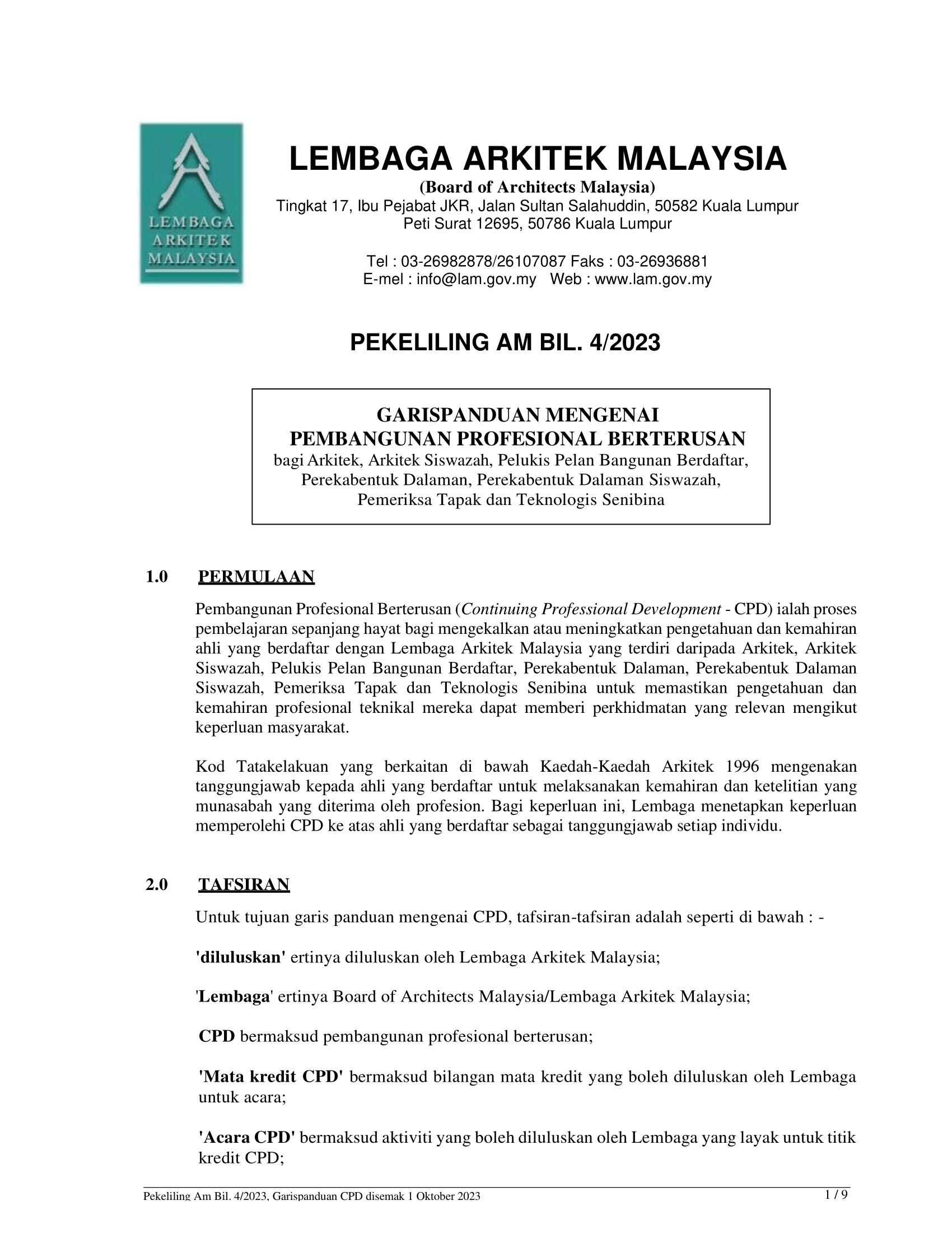 PEKELILING AM BIL.4/2023 - GARISPANDUAN MENGENAI PEMBANGUNAN PROFESIONAL BERTERUSAN