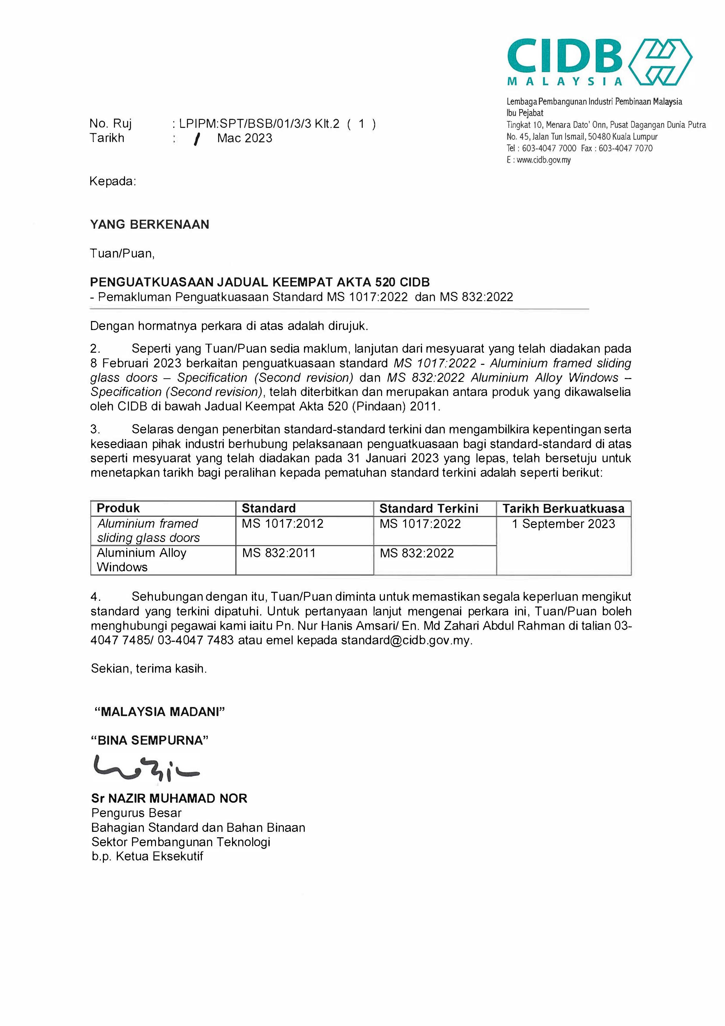 PENGUATKUASAAN JADUAL KEEMPAT AKTA 520 CIDB  - Pemakluman Penguatkuasaan Standard MS 1017:2022 dan MS 832:2022