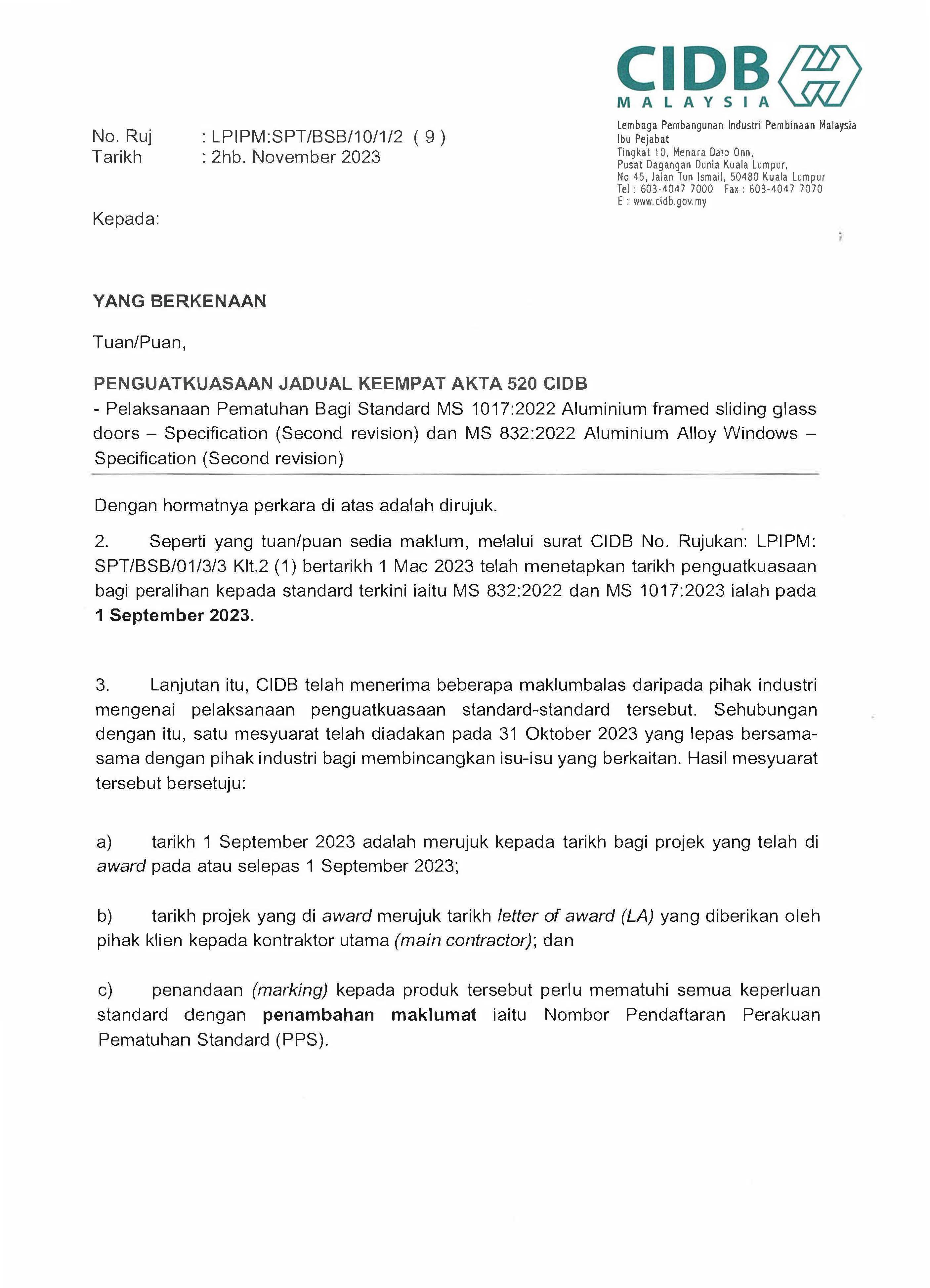 PENGUATKUASAAN JADUAL KEEMPAT AKTA 520 CIDB  - Pelaksanaan Pematuhan Bagi Standard MS 1017:2022 dan MS 832:2022 