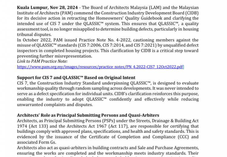 Joint Statement by the Board of Architects Malaysia (LAM) and the Malaysian Institute of Architects (PAM) In Support of CIDB’s Clarification on CIS 7 and QLASSIC™