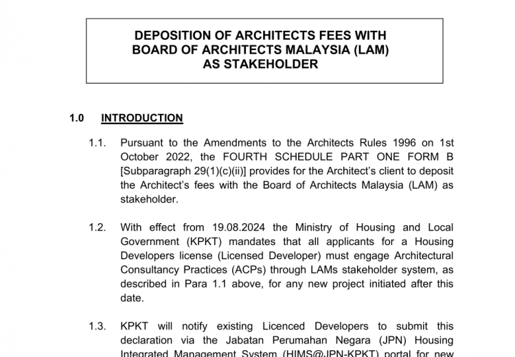 Deposition of Architects Fees with  BOARD OF ARCHITECTS MALAYSIA (LAM) as Stakeholder